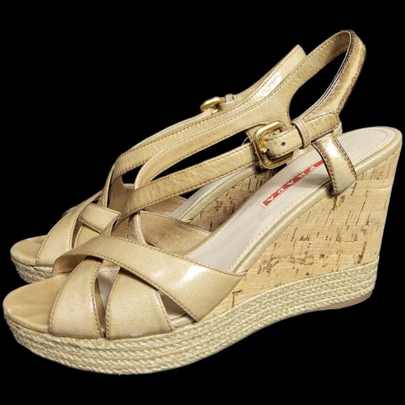 Prada Platform Sandals Tan Leather Chunky Cork Espadrille Wedge Heel Open 39.5 - Picture 3 of 15